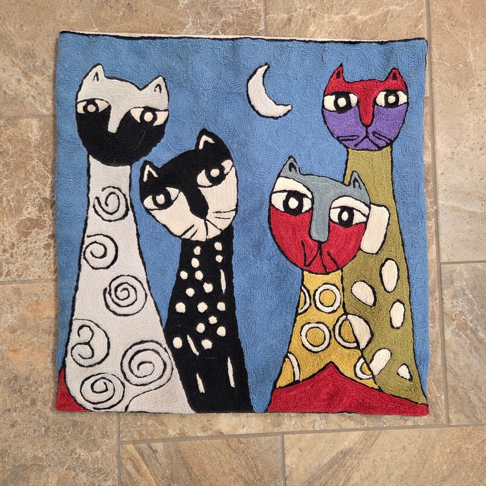 Kashmir Designs Picasso Blue Embroidered Cat Pillow Cover Folk Art Moon